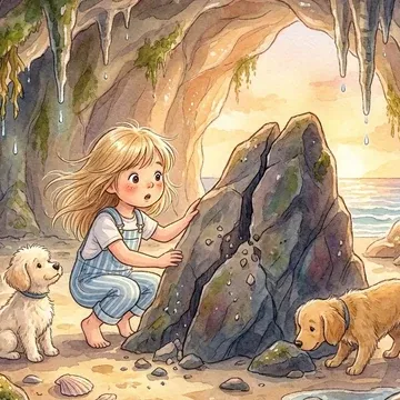 Sienna reaching towards a tall split rock inside the mouth of the cave, a puppy at each side.