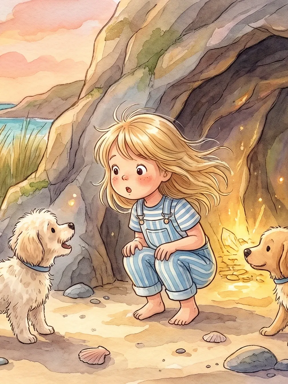 Sienna and her two dogs, Pippy and Tiggy, on the sand beside the mouth of a sea cave that glows warm gold.