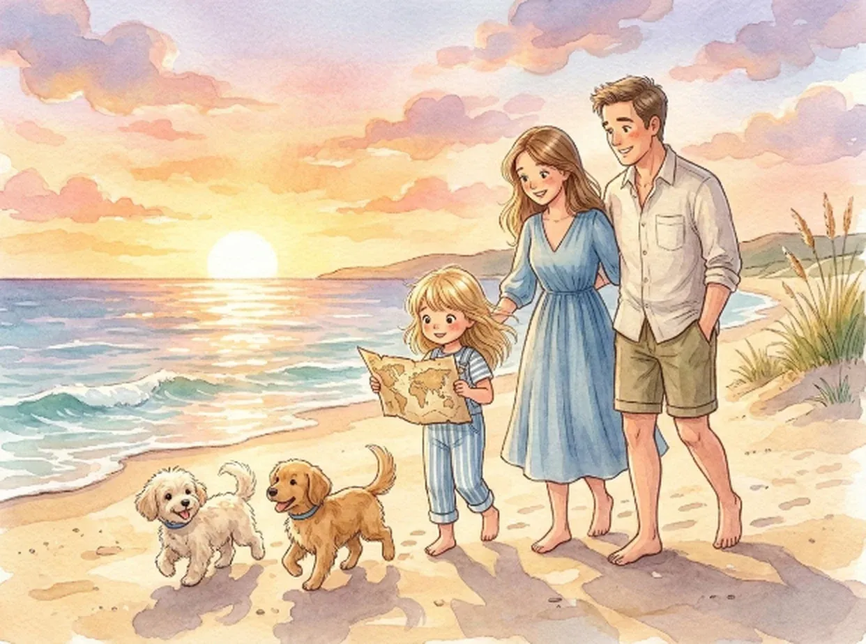 Sienna walking home along the beach at sunset between her mother and father, holding the treasure map, with Pippy and Tiggy running ahead across the sand.