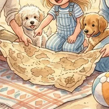 A worn parchment treasure map unrolled on a striped picnic rug, a puppy sniffing its edge.