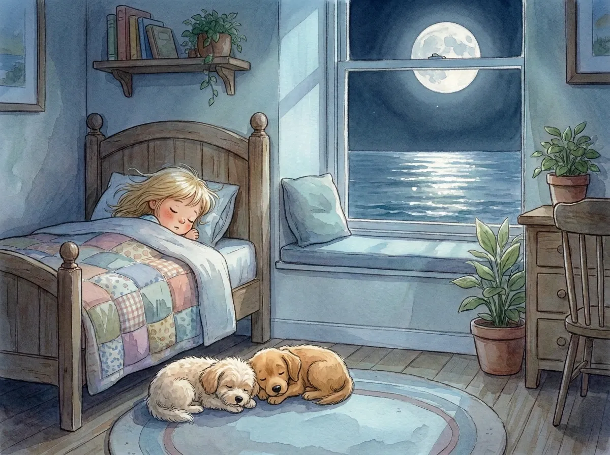 Sienna asleep in bed with Pippy and Tiggy curled up on the rug, and a full moon over the calm sea through her window.
